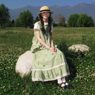 夏季清新甜美风绿色条纹两件套女装田园风无袖大摆长款连衣裙套装