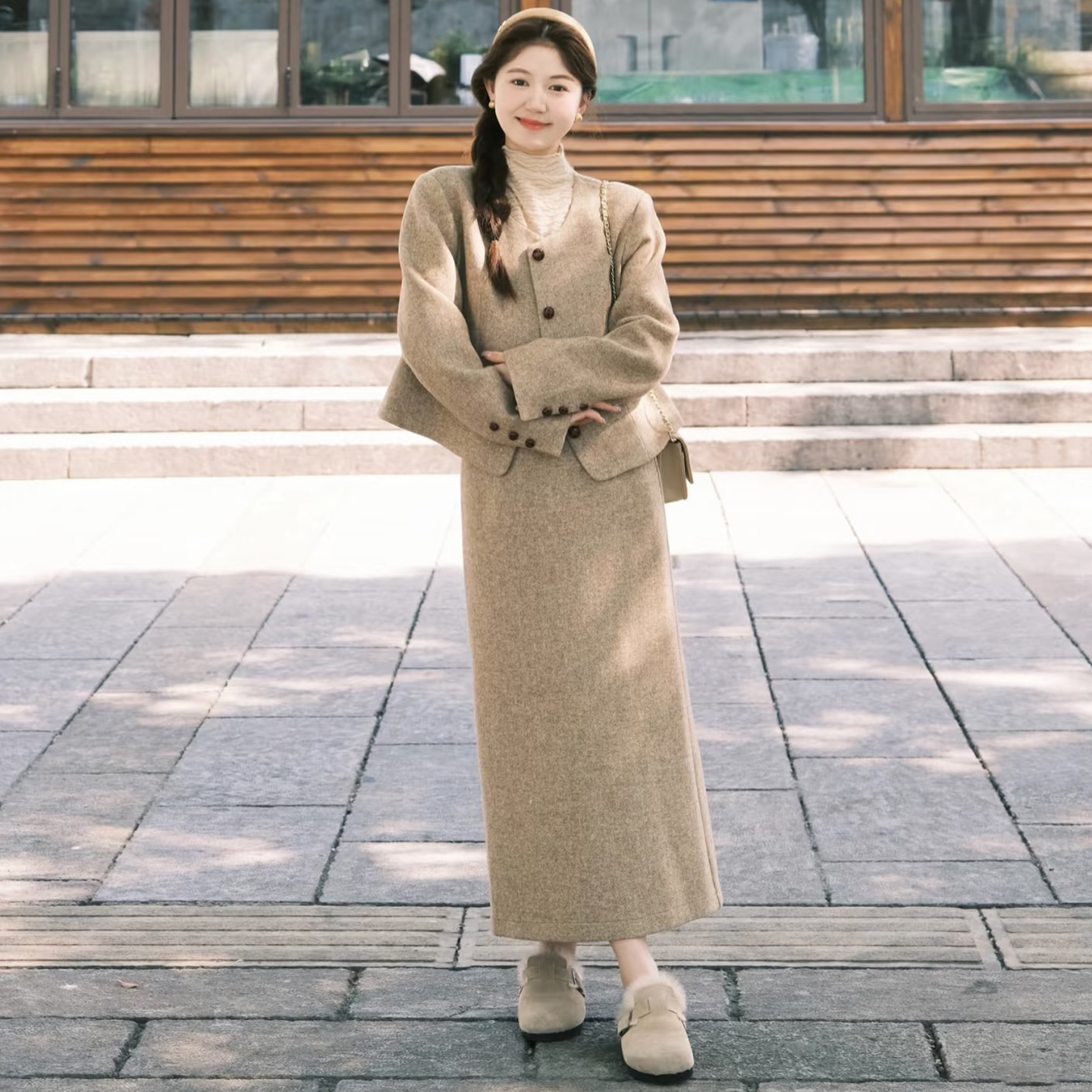 复古韩系小香风毛呢两件套装