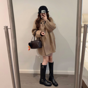 温柔慵懒风毛呢大衣女秋冬季驼色翻领中长款高级感小个子外套