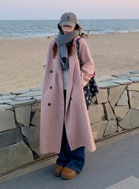 粉色韩系宽松过膝双排扣呢大衣女