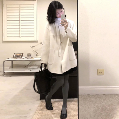 小个子中长款宽松廓形米白色大衣