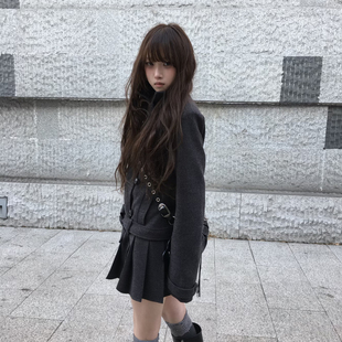 韩系设计感立领毛呢外套女秋冬季中长款系带收腰显瘦百搭呢子大衣