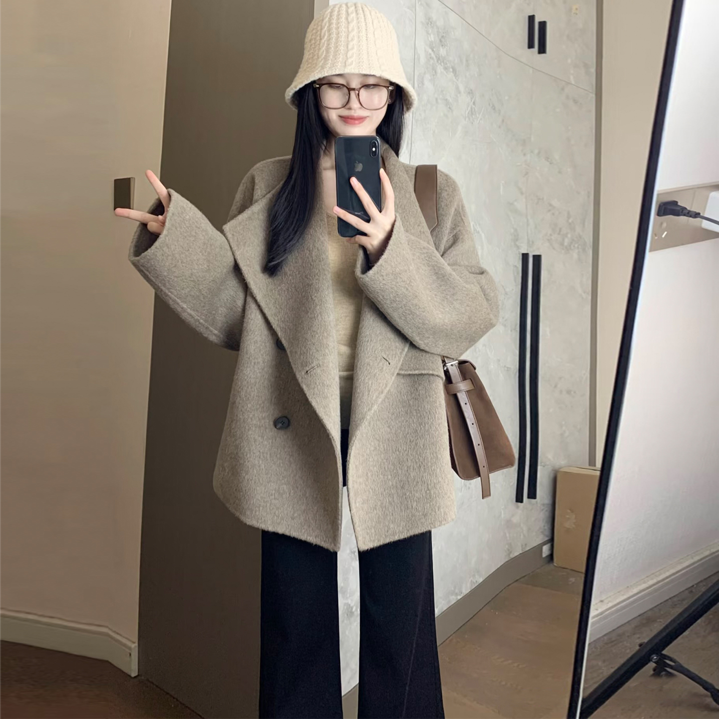 温柔风中长款小个子百搭毛呢外套