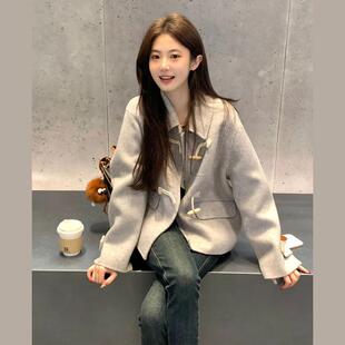 小个子宽松毛呢外套上衣 女灰色短款 高级感牛角扣呢子大衣冬季 新款