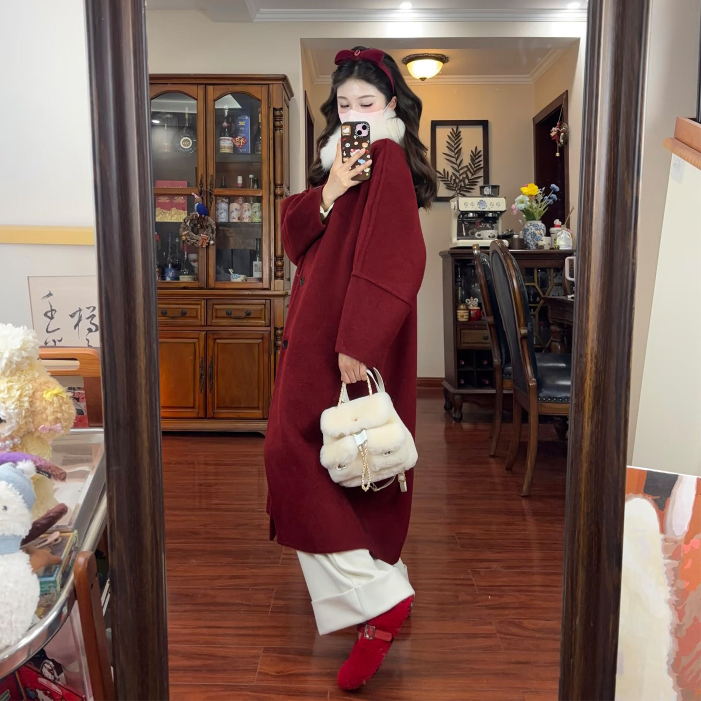 新年氛围感红色翻领毛呢外套女冬季宽松中长款通勤呢子大衣小个子