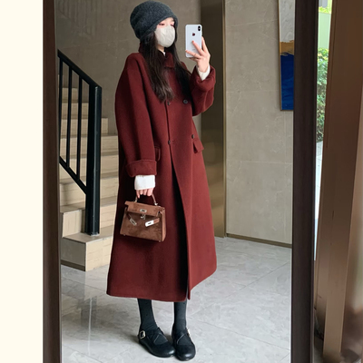 高级感双排扣红色毛呢外套女