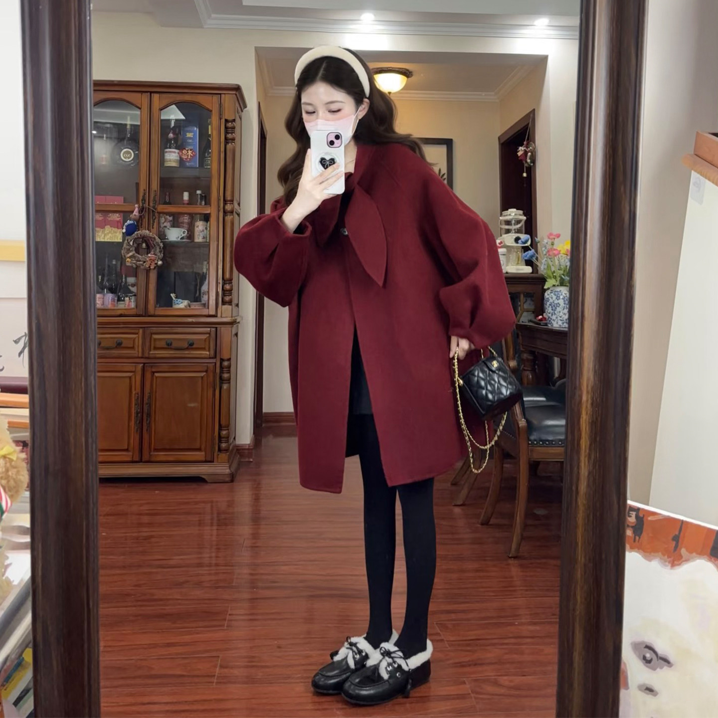 温柔韩系风红色毛呢外套女中长款兔耳朵领结呢子大衣高级感小个子,女装/女士精品,毛呢外套,淘宝优惠券,粉丝福利购,淘宝优惠卷