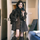 中长款 高级感咖色撞色连帽毛呢外套女秋冬装 新款 显瘦百搭呢子大衣