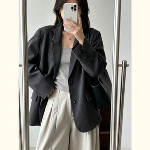 老钱风廓形西装外套女深灰色宽松oversize高级感通勤西服上衣