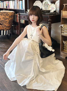 森系文艺白色套装女无袖娃娃衫+重工褶皱长裙氛围感两件套