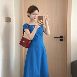 法式复古孔雀蓝连衣裙女夏季收腰显瘦气质镂空设计感中长款A字裙