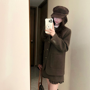 复古咖色毛呢两件套 韩系短款呢子外套+荷叶边背心裙套装女