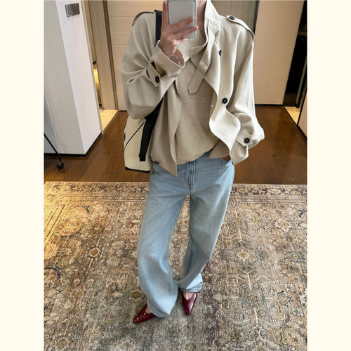 极简双排扣立领短款风衣女小个子