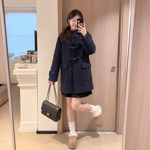 藏青色牛角扣毛呢大衣女中长款学院风宽松小个子秋冬连帽呢子外套