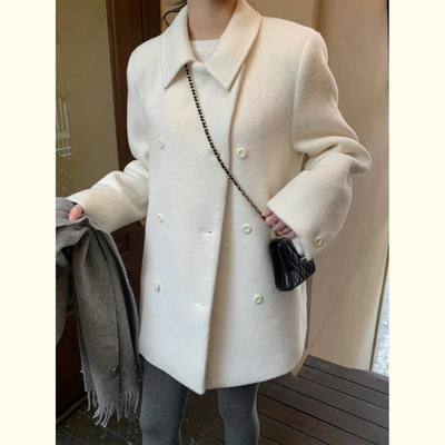 气质韩式白色双排扣毛呢外套