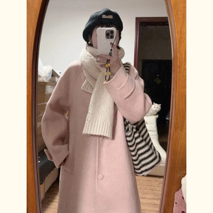 韩系粉色毛呢外套女秋冬装新款中长款高级感温柔风小个子呢子大衣