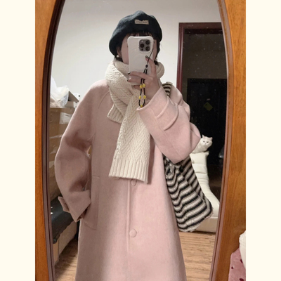温柔风粉色小个子韩系呢子大衣