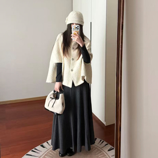 法式复古立领斗篷毛呢外套女韩版米色五分袖百搭高级感呢子大衣