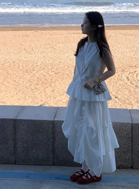 法式慵懒夏季无袖上衣半裙套装