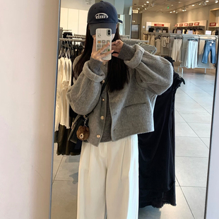 慵懒风灰色单排扣圆领毛呢外套女小个子中长款 宽松高级感呢子大衣