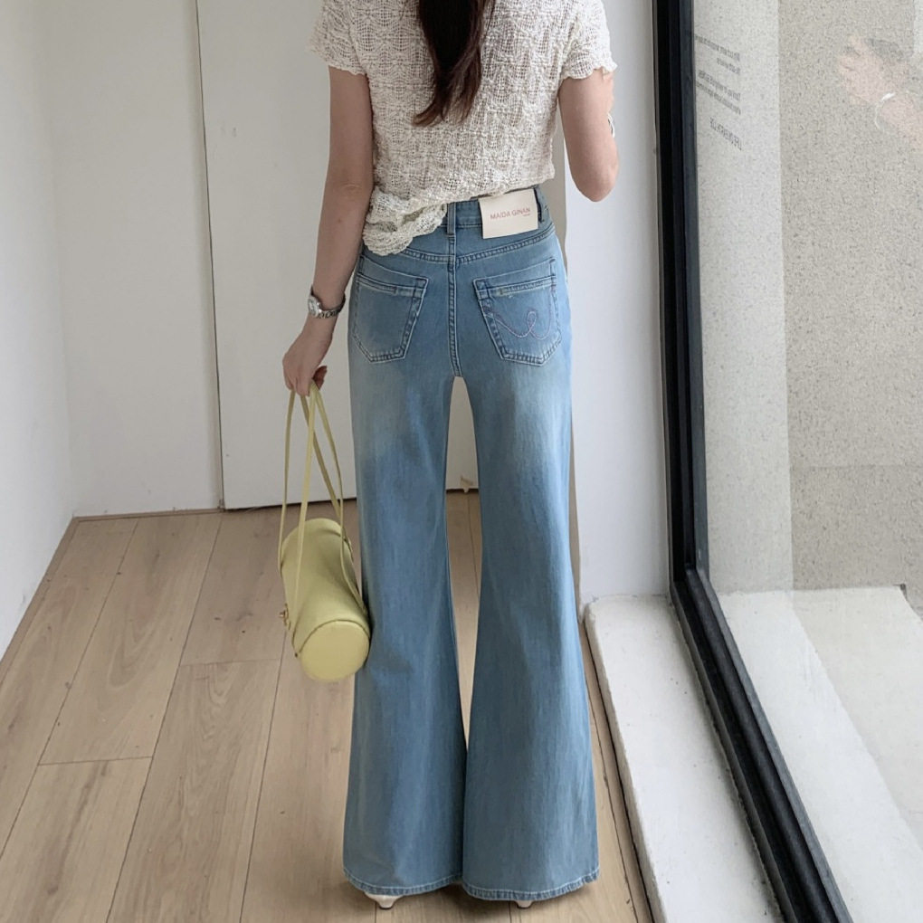 2026夏新款腿精薄款十三行筒喇裤浅蓝高腰直筒微喇牛仔裤女不贴腿