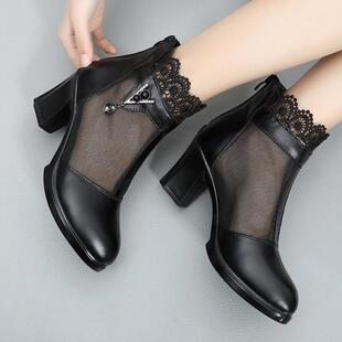 鞋子女春夏时尚真皮女鞋中跟单鞋网纱高跟鞋粗跟包头凉鞋女士皮鞋