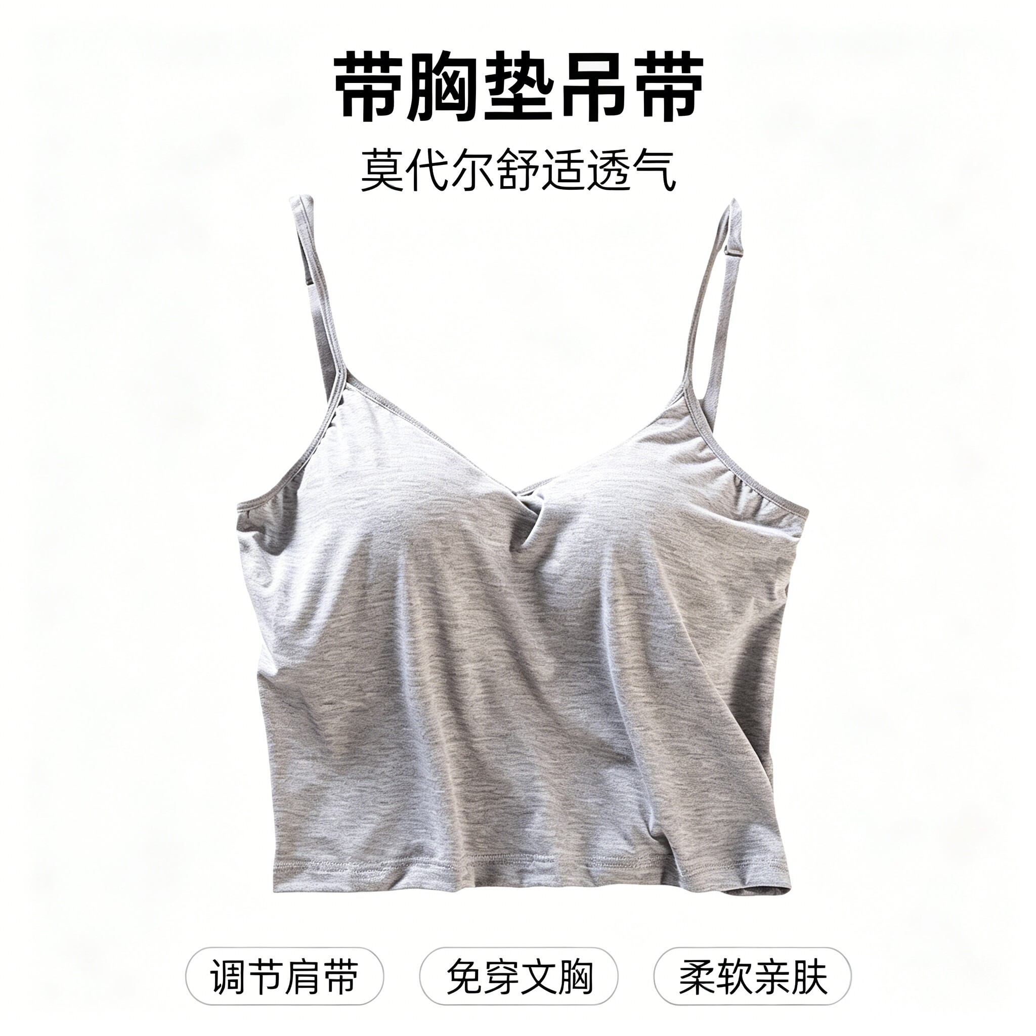 莫代尔带胸垫V领宽松吊带背心女图片