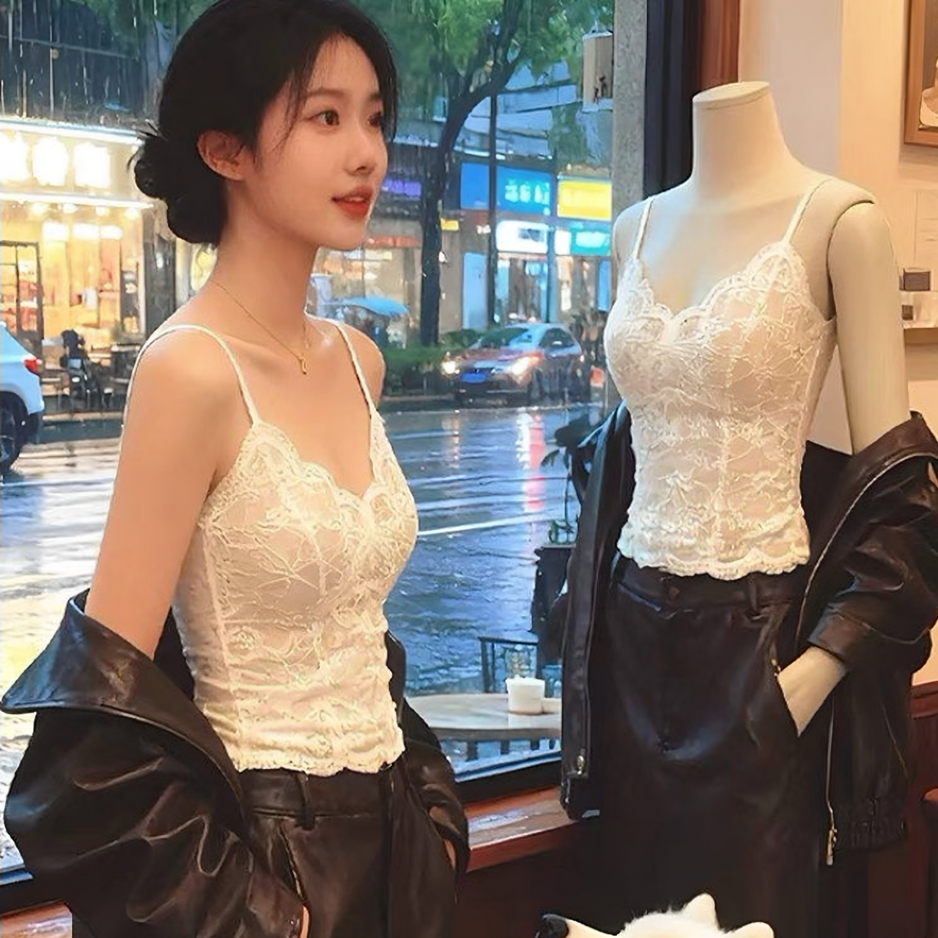 新款百搭修身显瘦法式蕾丝V领吊带背心女带胸垫美背内搭打底上衣