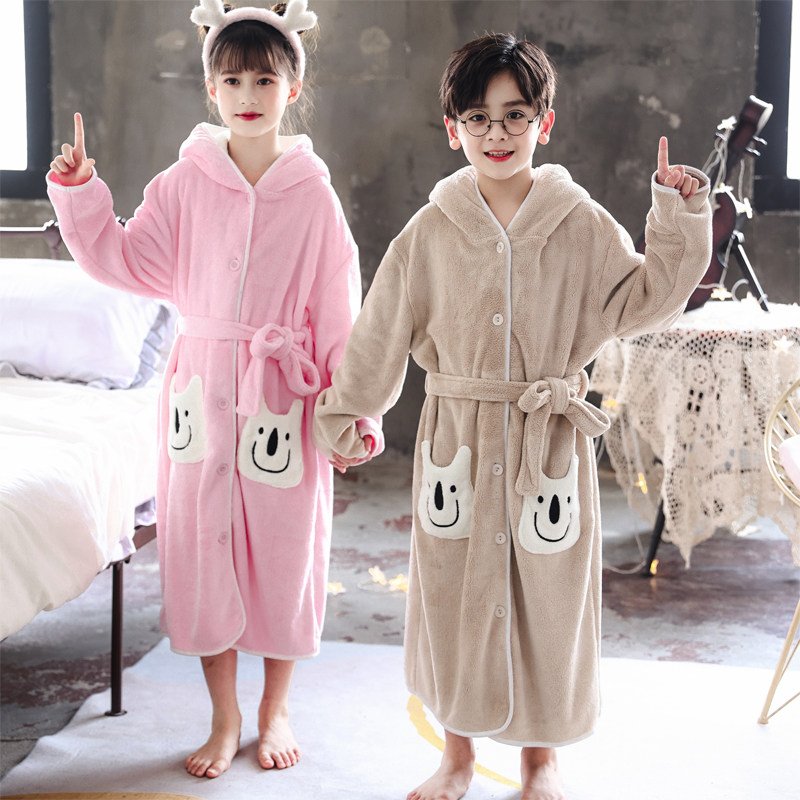 冬季儿童长款睡袍保暖睡衣涤锦浴袍中大童大码男女睡衣纽扣加腰带