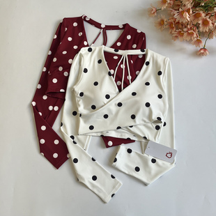 一体杯撸铁猫波点V领交叉长袖健身衣女瑜伽时尚美背秋冬运动服