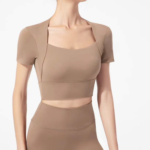 法式披肩短袖运动健身瑜伽防震可拆杯垫跑步普拉提短款上衣外穿