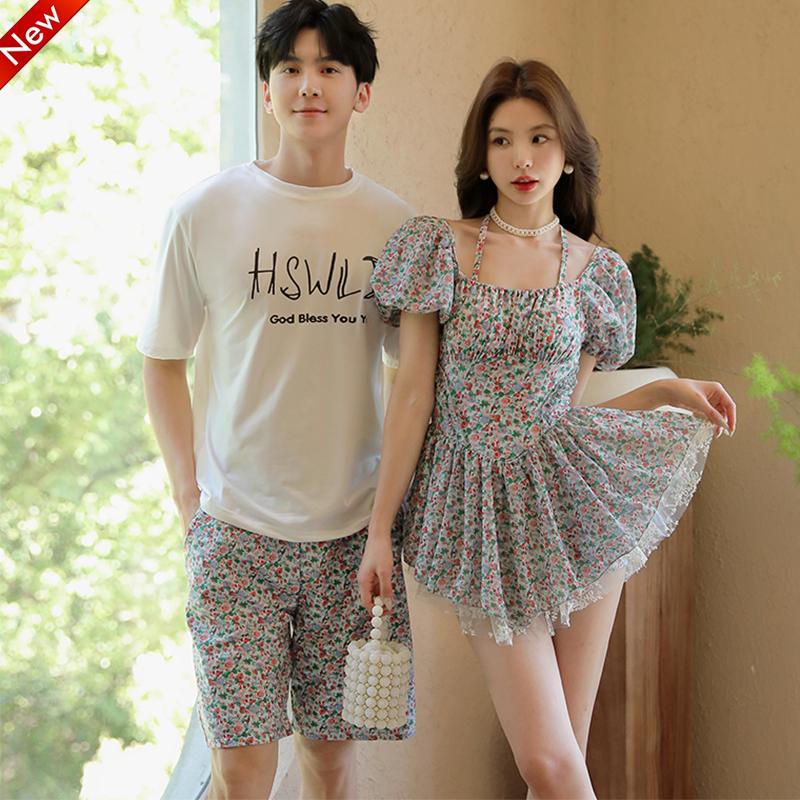 情侣泳衣小碎花女连体裙式挂脖修身纯欲性感男沙滩裤泡温泉度假风