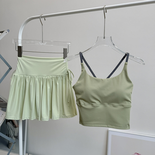 2024新款跑步套装女外穿小吊带带胸垫运动内衣短裙两件套健身瑜伽