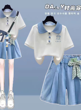 女童学院风娃娃领POLO衫两件套