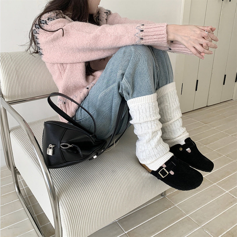 韩版秋冬粗针羊毛针织麻花奶白色袜套时尚保暖烟灰色踩脚堆堆腿