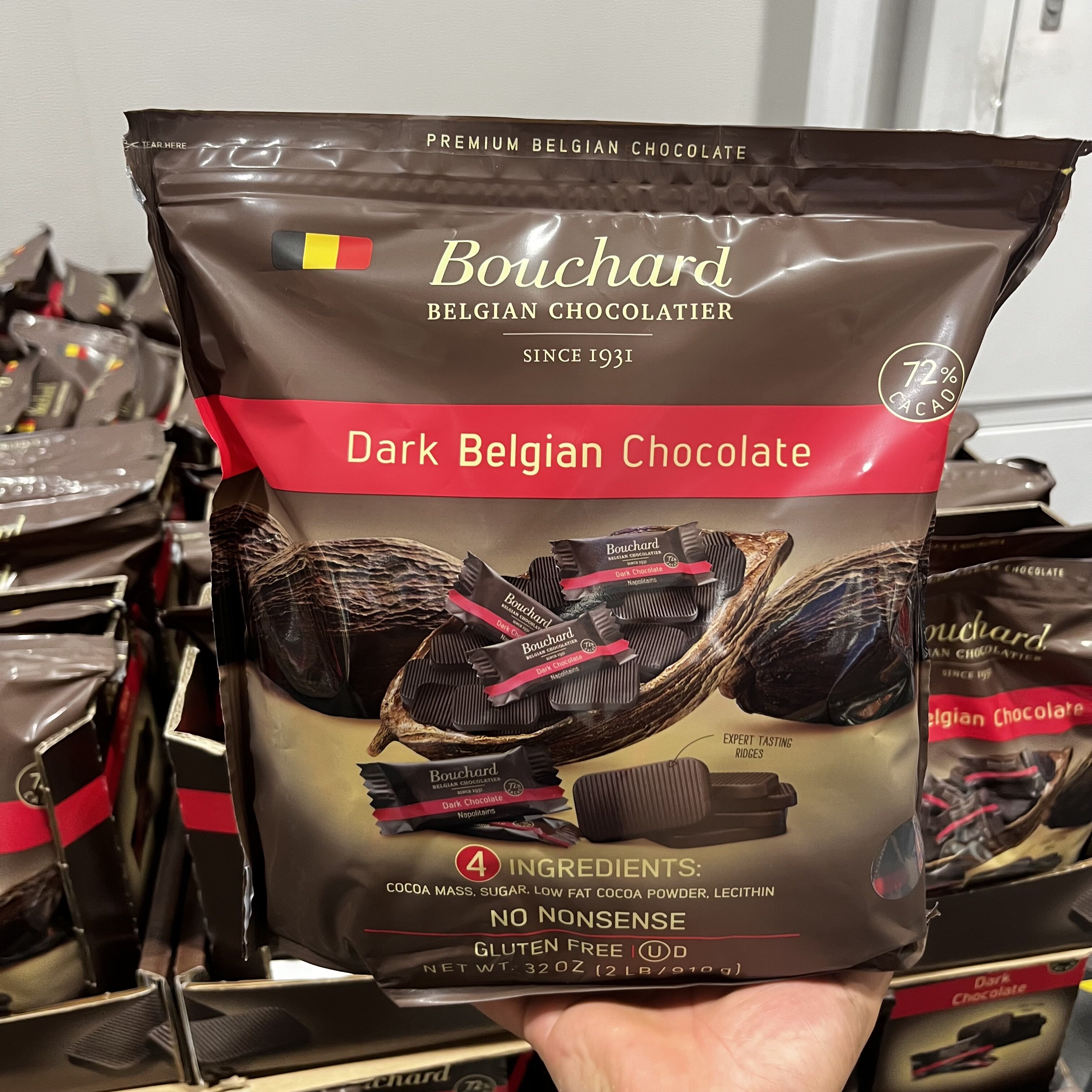 开市客比利时进口Bouchard布夏德72%黑巧克力910g 纯可可脂独立装