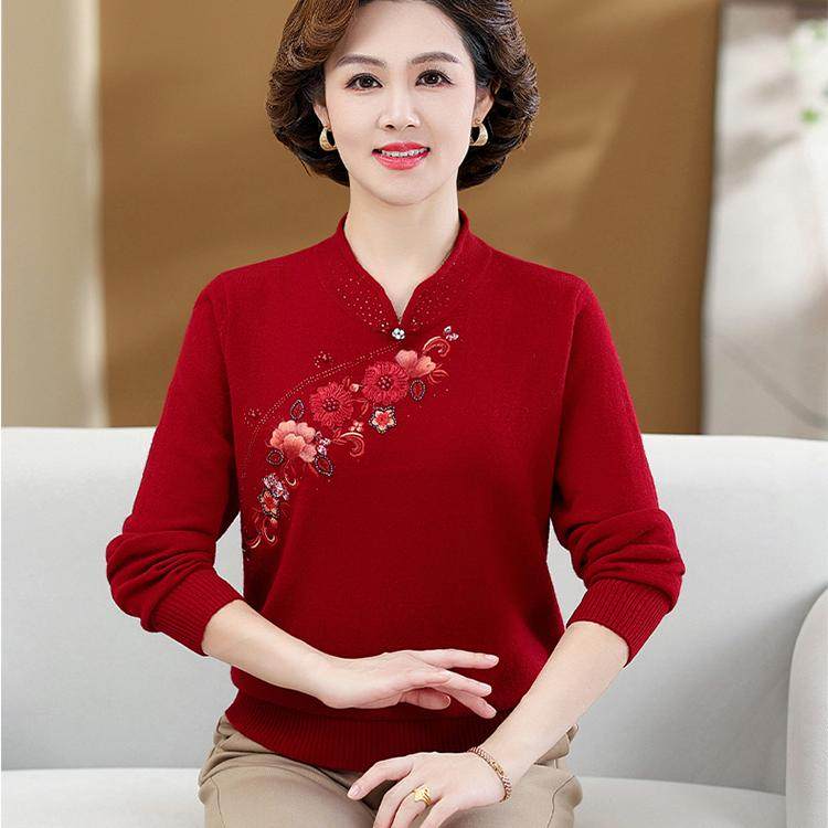 中老年女妈妈装秋装针织毛衣50岁60老妈秋冬红色本命年喜庆打底衫