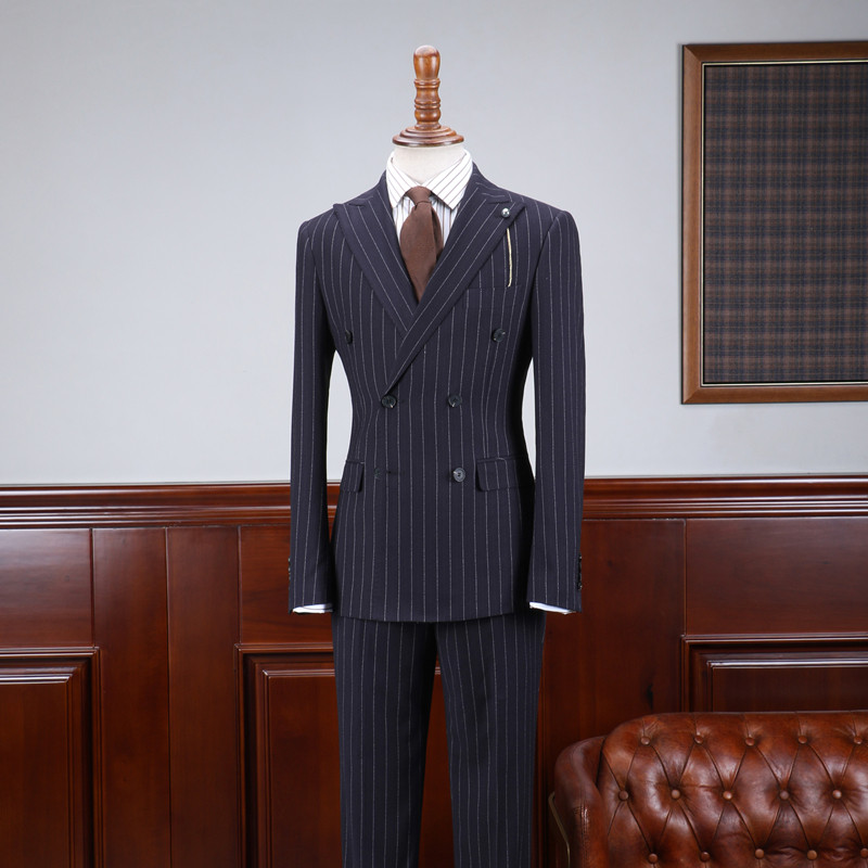 ISIRHONOUR BRITISH VINTAGE NAVY BLUE VERTICAL STRIPES SLIM DOUBLE-BREASTED SUIT LAPEL LAPEL SUIT MEN