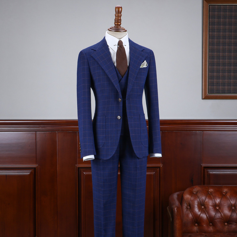 ISIRHONOUR HAUTE COUTURE NAPLES BRITISH VINTAGE BLUE PLAID SUIT THREE-PIECE MENS SUIT TREND