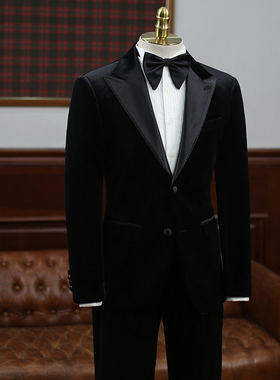 IsirHonour婚礼英伦塔士多宴会黑色金丝绒西装戗驳领西服礼服男潮