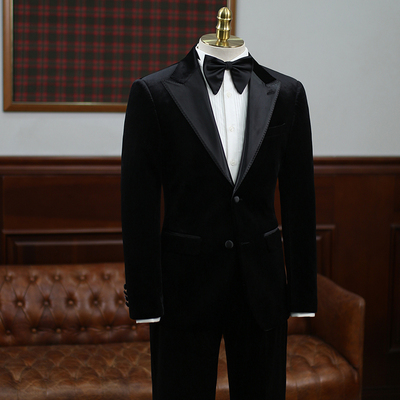 黑色金丝绒戗驳领西装英伦礼服男