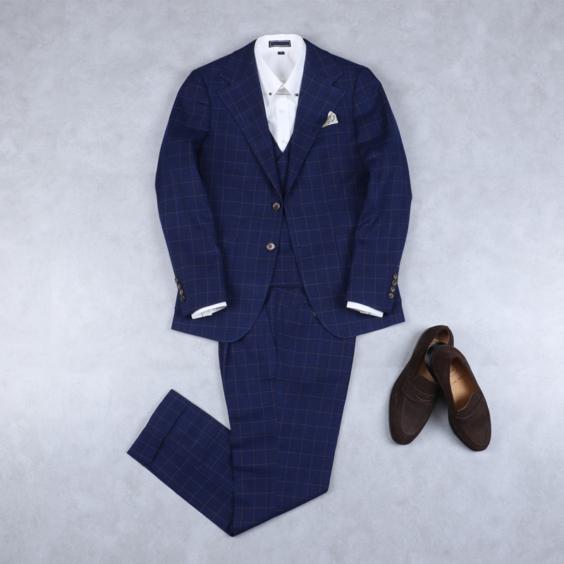 ISIRHONOUR HAUTE COUTURE NAPLES BRITISH VINTAGE BLUE PLAID SUIT THREE-PIECE MENS SUIT TREND