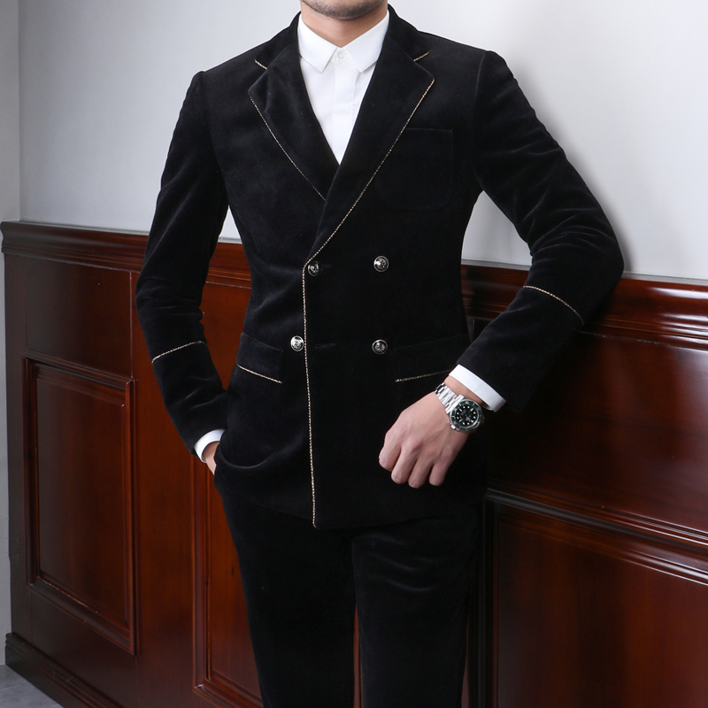 isirhonour原创欧美大牌黑色丝绒镶金边双排扣西装复古韩版西服男