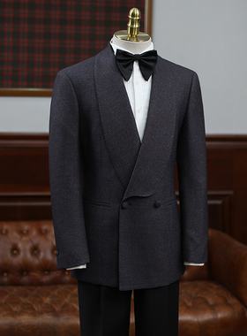 IsirHonour商务绅士青果领双排扣暗紫色细格子西装男宴会西服礼服