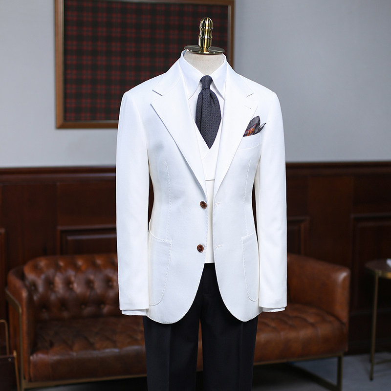 isirhonour英伦绅士白色精纺羊毛修身西装欧美经典宽驳头西服男装