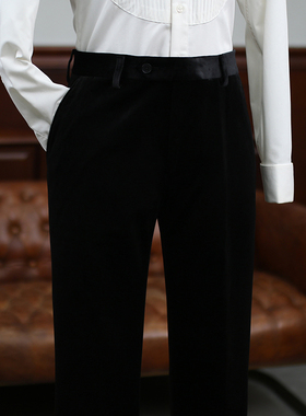 IsirHonour商务正装绅士黑色金丝绒男西裤主持人结婚修身长裤子男