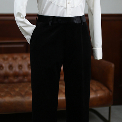 商务正装男士黑色金丝绒修身西裤