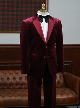 IsirHonour意式商务红色金丝绒拼接男西服套装主持人舞台宴会西装