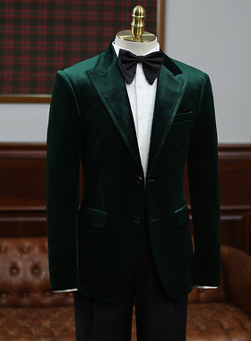 IsirHonour商务宴会绿色红色丝绒戗驳领西装男婚礼主持人西服礼服