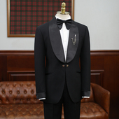 塔士多礼服西服男 黑色西装 IsirHonour意式 商务青果领缎面拼接修身